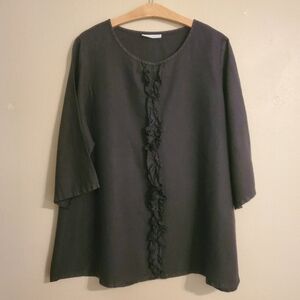 BRYN WALKER Black 100% Linen Lagenlook ¾ Sleeve‎ Ruffle Detail Tunic Women's XL